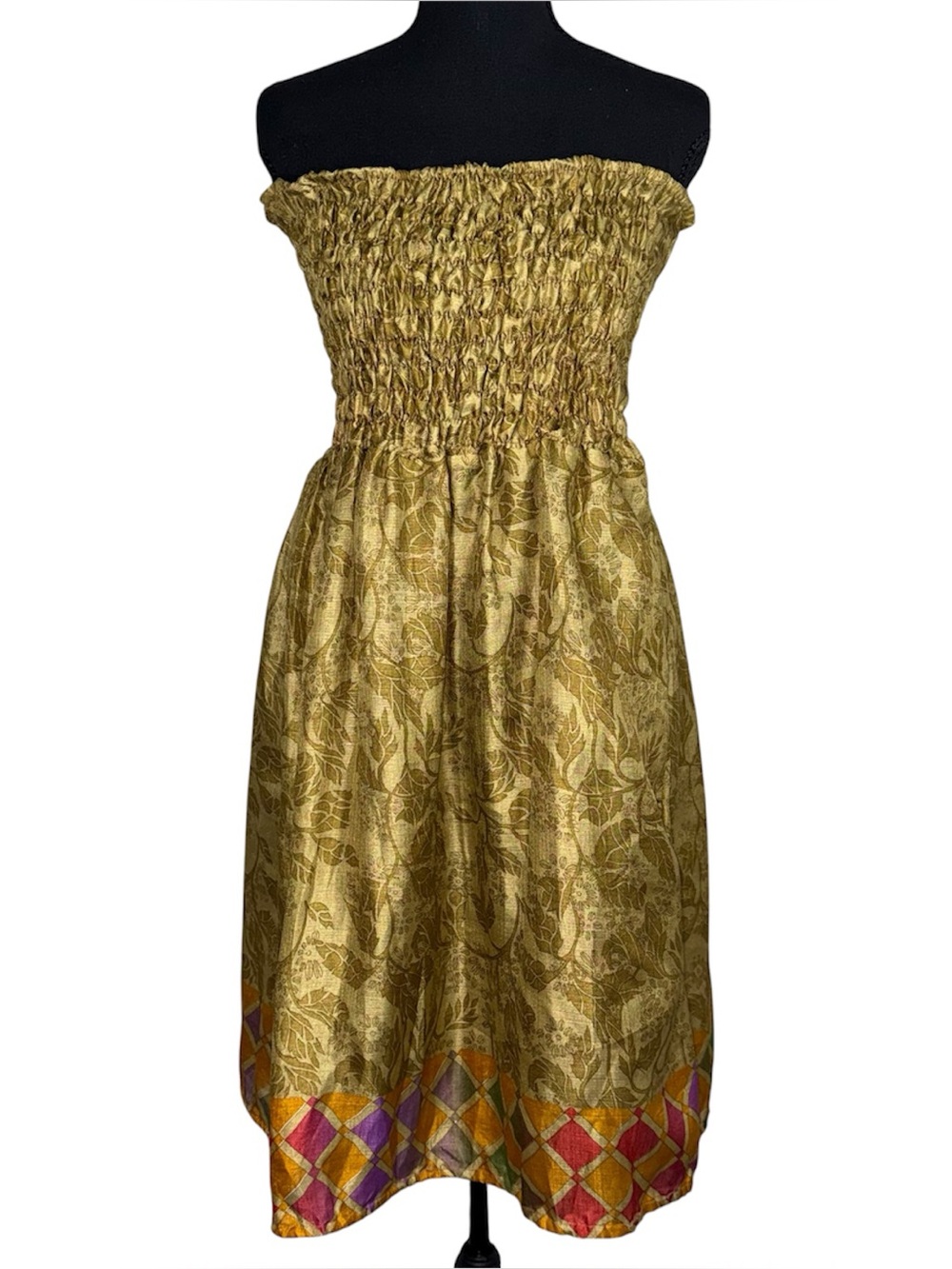 100% Silk Artisan Boho Strapless Smocked Knee Length Dress Resort Festival OS